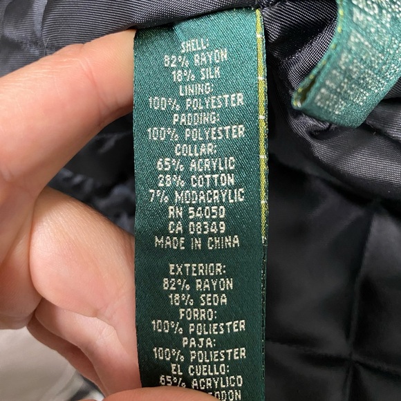 WOMENS LAUREN RALPH LAUREN BLACK VELVET SILK HOODED COAT PARKA FAUX FUR Size L - Picture 9 of 10